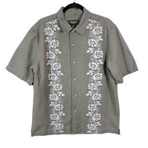 Eddie Bauer Men Medium Olive Green Linen Blend Floral Tropical Camp Shirt Resort